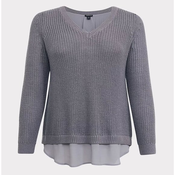 TORRID Grey Knit V-Neck Lace-Up Back 2fer Tunic Sweater sz 1X - Picture 3 of 12